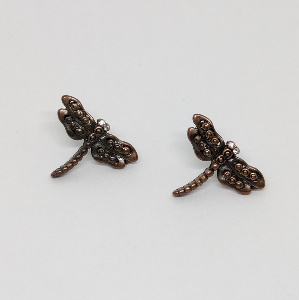 Dragonfly Earrings Rhinestone Copper Pierced Post Cottagecore Cabincore Boho